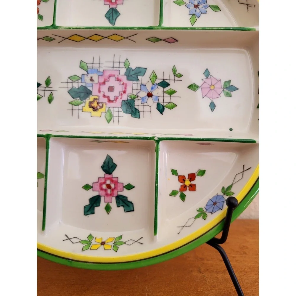 Vintage Divided Ceramic Candy Dish Plate Handpainted Japan RARE Floral Design‎
